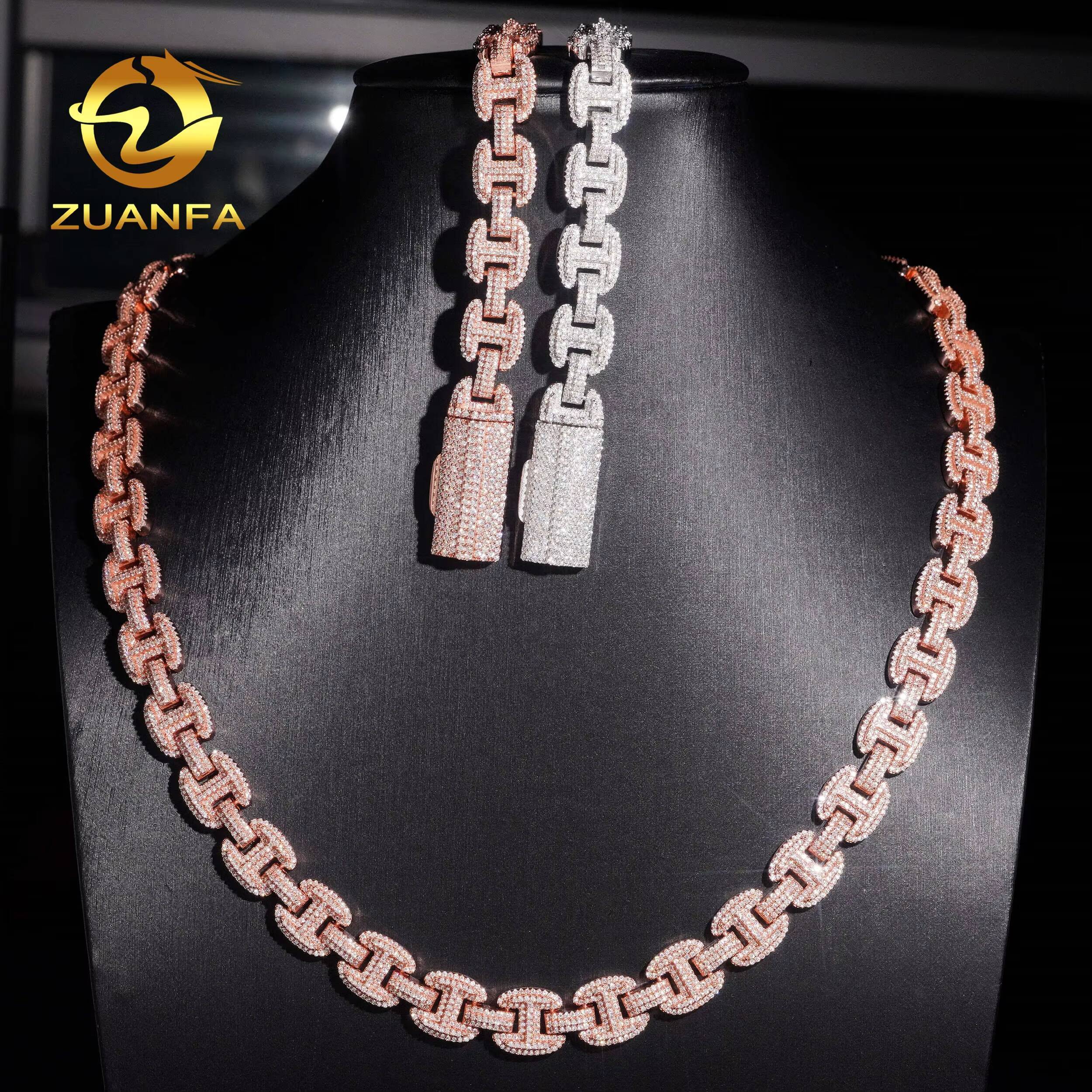 New Arrival Hip Hop Style Iced Out Jewelry 12mm Rose Gold 925 Sterling Silver Moissanite Cuban Link Chain