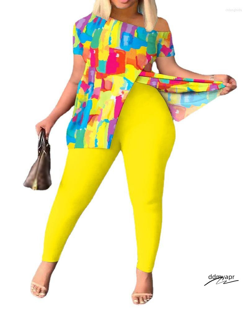 Women's Two Piece Pants Summer Women Geometric Print Split Hem Top & Set 2023 Femme Short Sleeve Casual Suits Lady Ddmydec Outfits Y2k S-3Xl Ddmy