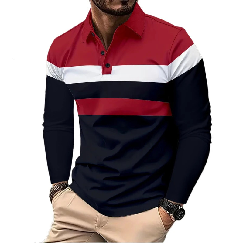 Sweatwear Mens Long Sleeve Lapel Breathable Shirts for Men Polo Homme Basic Large Top Splice T Shirt 250905
