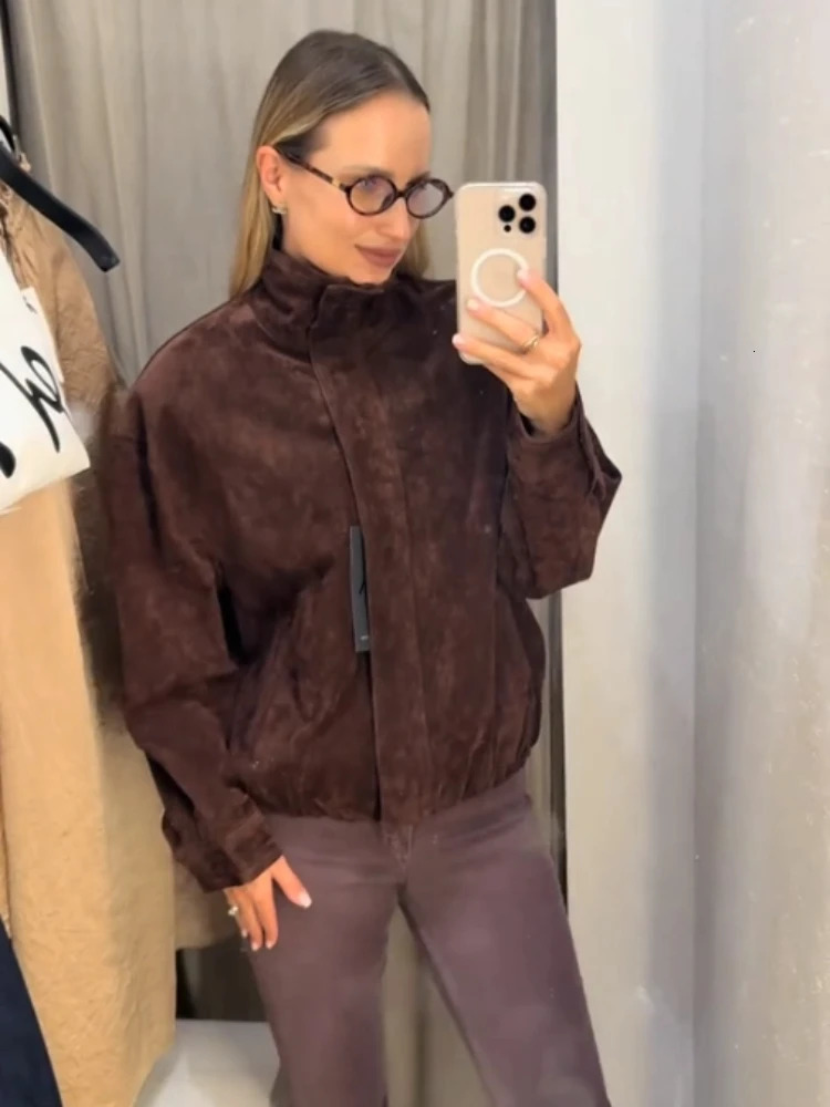 Vintage Solid Laple Loose Jackets Women Fashion Full Sleeve Ruff Zipper Pockets Oversize Coat Female Autumn Chic Casual Coats 250905