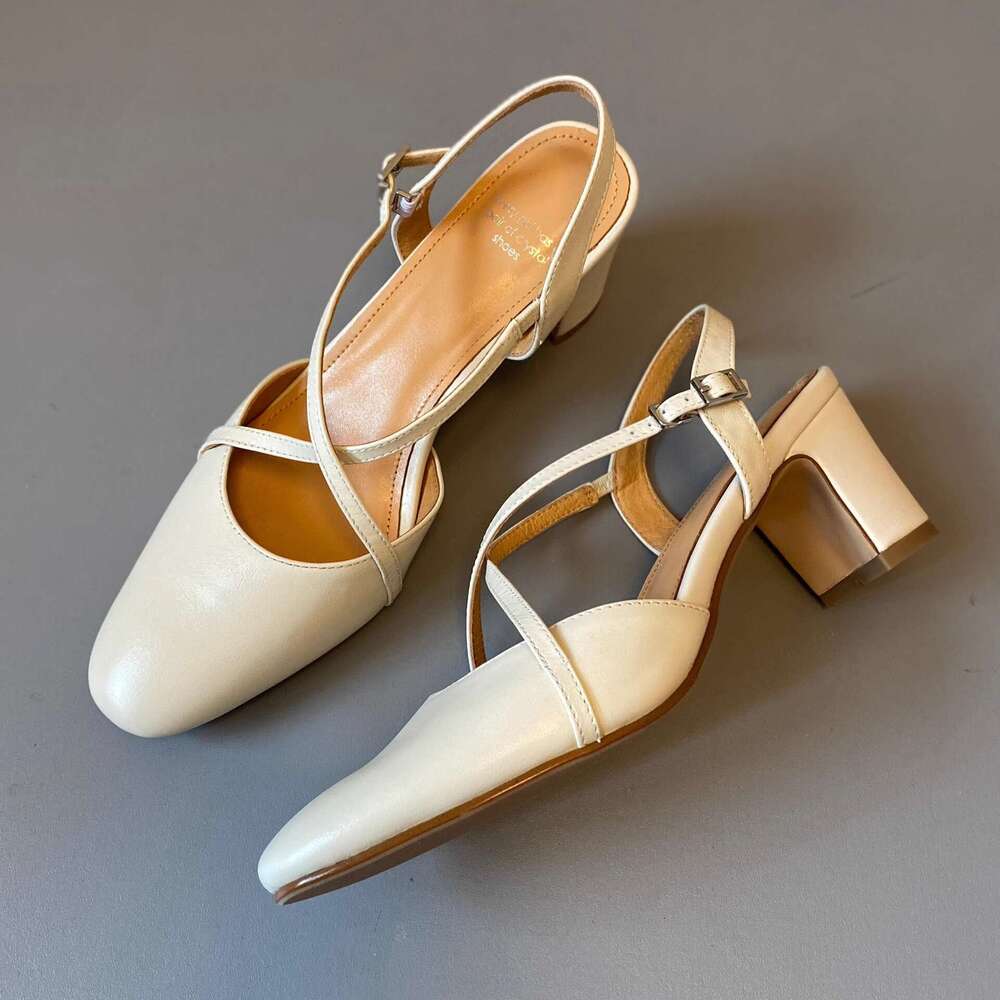 Off-White Cross Strap Backless Sandals for Women Summer Chunky Heel Closed-Toe Mid-Heel Commuter Roman Shoes