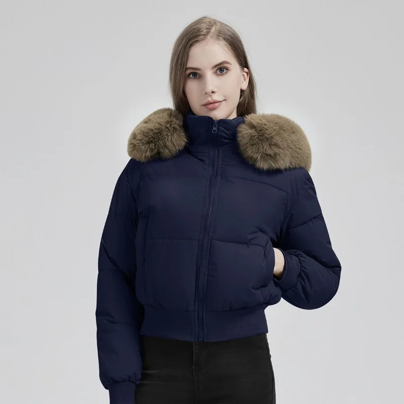2025 Thick Short Womens Winter Jacket Parkas Down Cotton Casual Warm Fur Hooded Cropped Outwear 250905