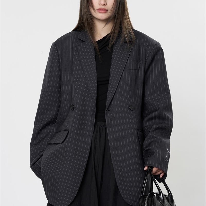 Womens Casual Striped Pocket Decoration Double breasted Loose Jacket Blazer 250904