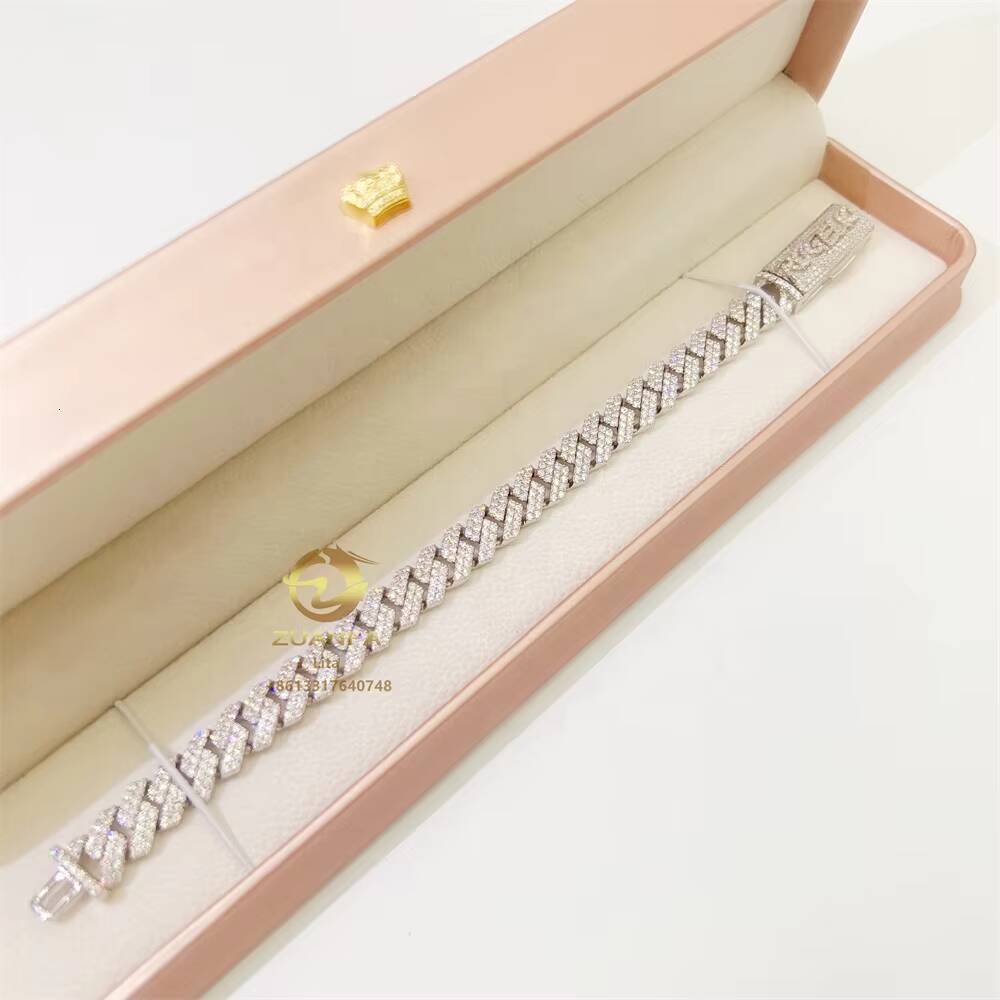 Fashion Hip Hop Jewelry Custom 925 Sterling Silver Iced Out 10mm 12mm Moissanite Cuban Link Chain Bracelet for Men Women