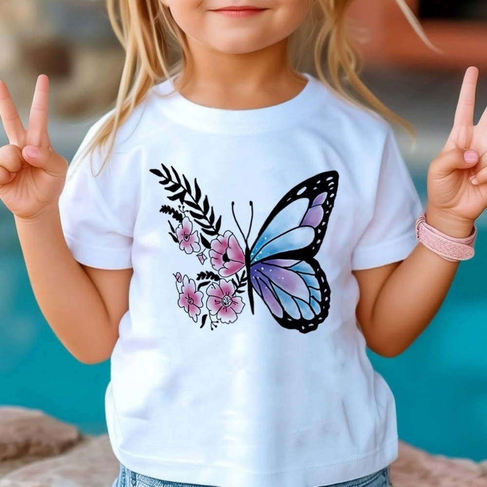 New Butterfly Print Pattern Combed Cotton Girls' T-Shirt Summer Children's Clothing Short-Sleeve Kids' Fashion T-Shirt - VT2980