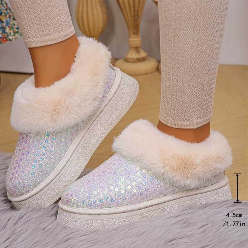 Fashion Bling Sequin Fur Snow Boots Women Comfy Slip On Thicken Plush Warm Winter Boots Woman Non Slip Faux Fur Ankle Booties L250905