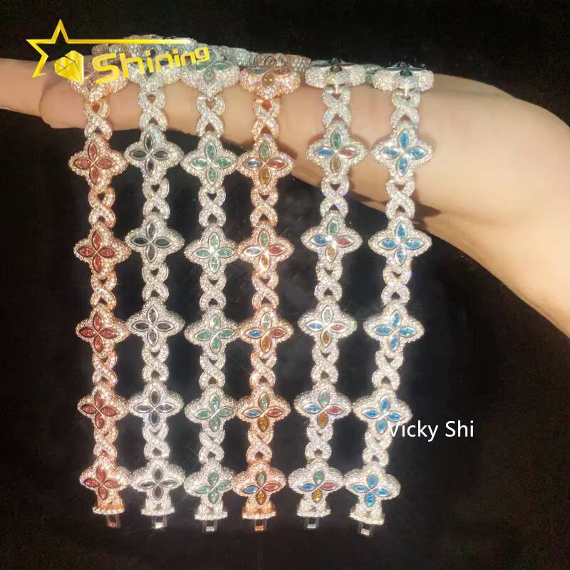 Hot Selling 15MM 925 Sterling Silver Cuban Clover Bracelets Iced Out Hip Hop Infinity Colored Moissanite Cuban Bracelet