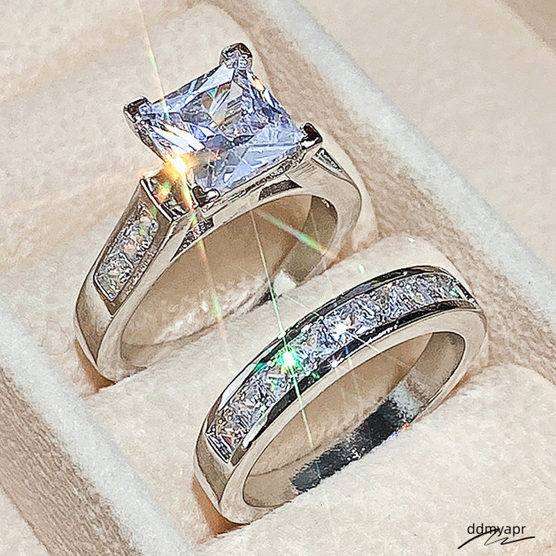Handmade Sparkling Wedding Rings Jewelry Sterling Sier Princess Cut White Topaz CZ Dia Gemstones ddmyday Party Eternity Women Bridal Ring Set Gift