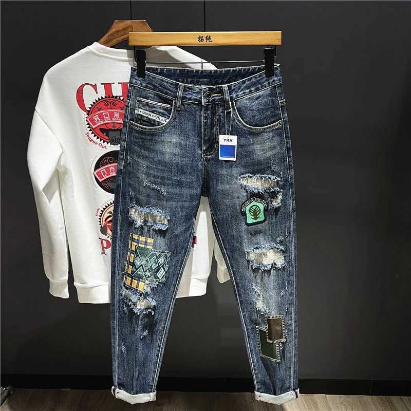 2023 Spring and Autumn New Mens Fashion Trend Ripped Patch Small Foot Pants Mens Casual Slim Comfortable HighQuality Jeans W250905