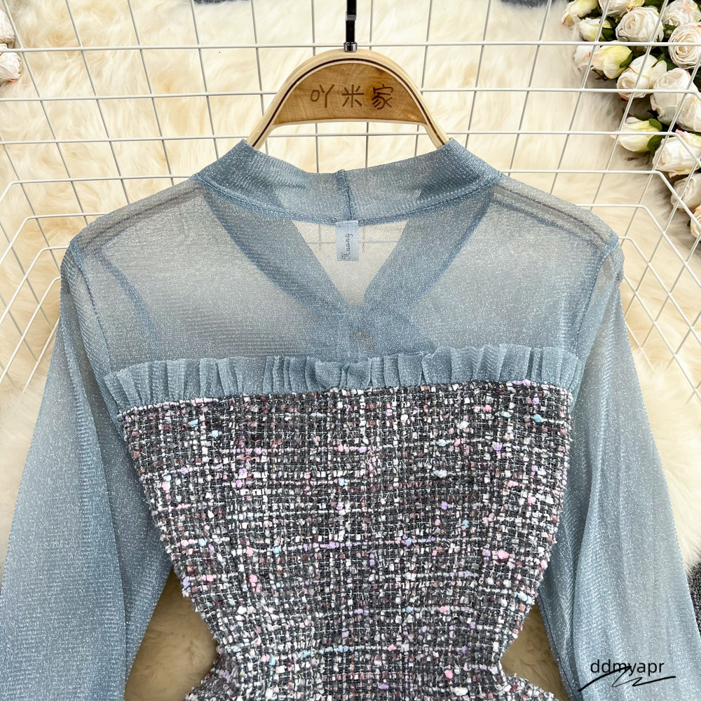 Casual Dresses Elegant Lady Small Fragrance Temperament Ribbon Bow Collar Soft Ruffle Patchwork Tweed ddmyday Plaid Woolen Buttons Autumn