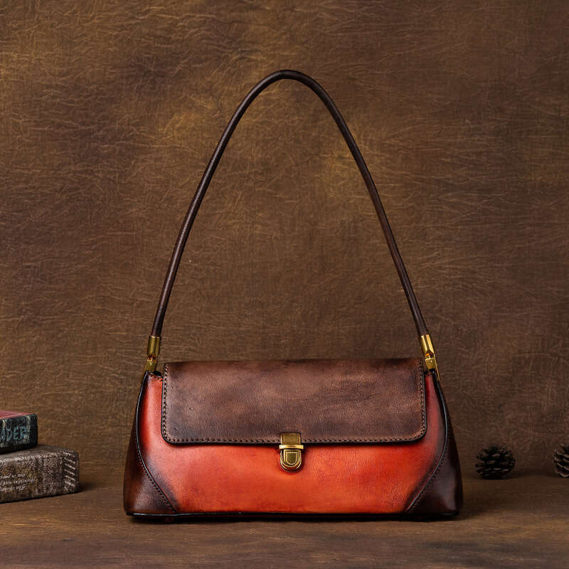 Cowhide Underarm Top Layer Leather Color-Block Handbag Simple Baguette Women's Bag