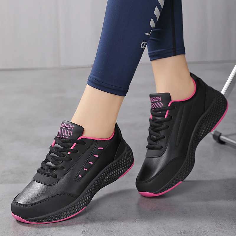 Womens Leather Sneakers Casual Sneakers Lace Up Flats Lightweight Comfortable Black Antislip Running Shoes Outdoor Sports Z250905