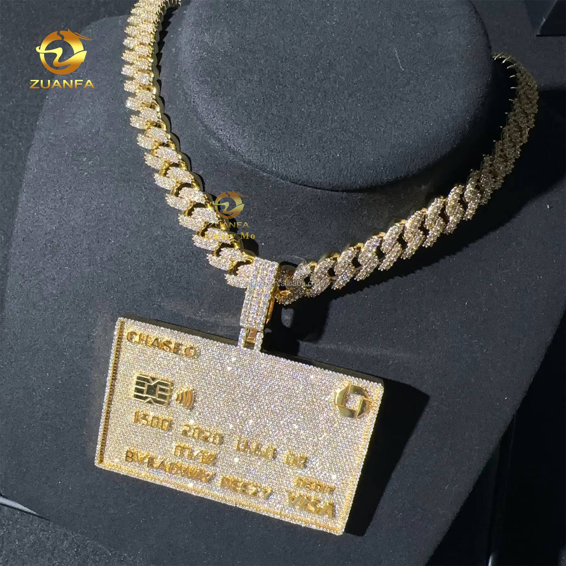 Sparkle Rapper Jewelry 3 Iced Out 3D Fully Jewelry Solid Silver Yellow Gold Plated Moissanite Diamond Credit Card Pendant Set