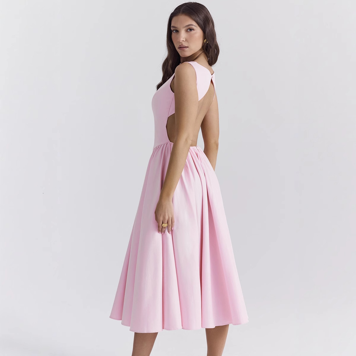 2025 Spring and Summer Womens New Round Neck Backless Solid Color HighEnd Fashion Dress