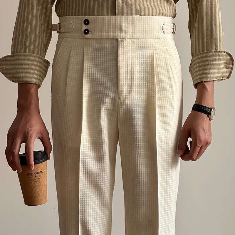Men's pants Designer autumn winter trousers High Waist Trousers Quality Value Waffle Pattern Light Apricot Straight Leg Naples Double Pleat Casua
