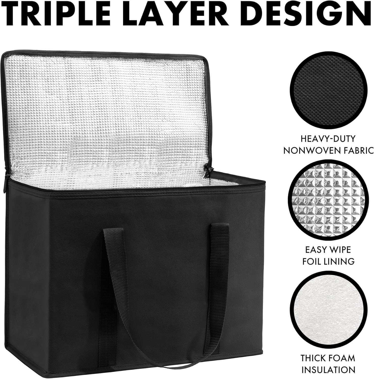 Reusable Grocery Bags Catering and Delivery Bag For Hot and Cold Food Collapsible Thermal Tote For Doordash and Uber Eats 1 Black wRed Trim M250904