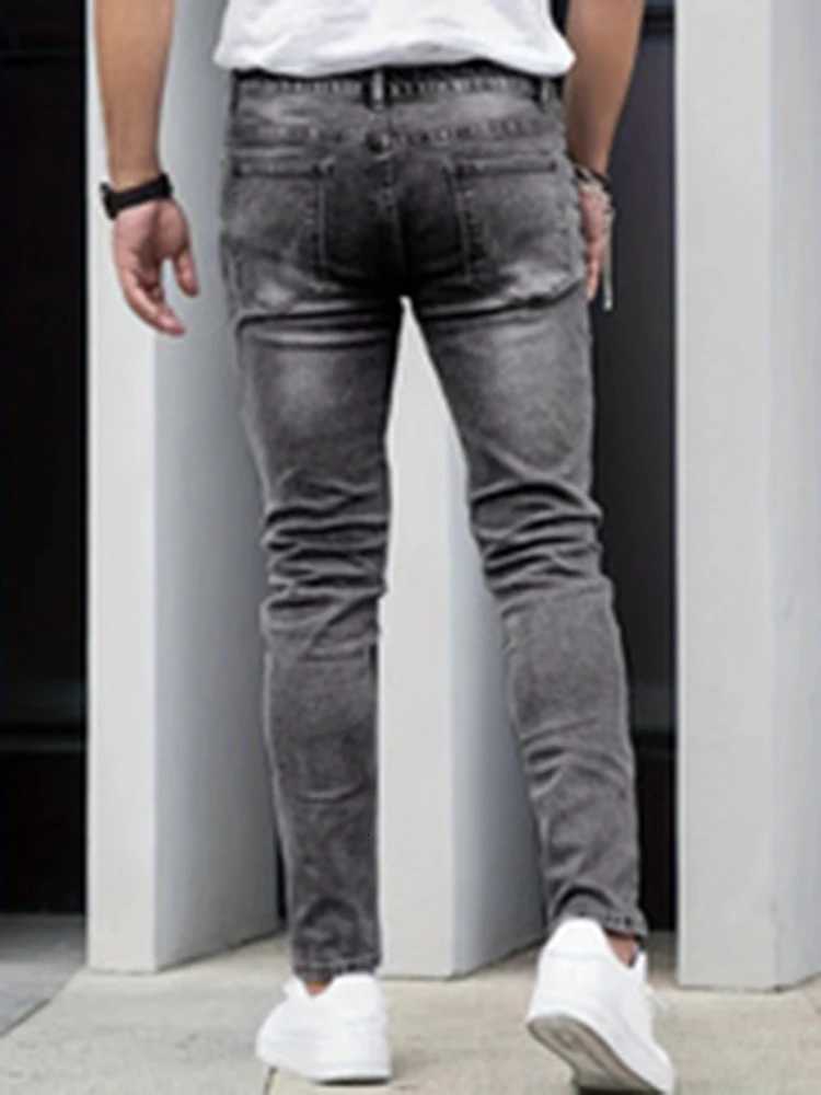 2025 Mens Slim FourSeason Washed Fashion Jeans Stretch Slim Fit Light Blue Gray Black Casual Denim Pants W250905