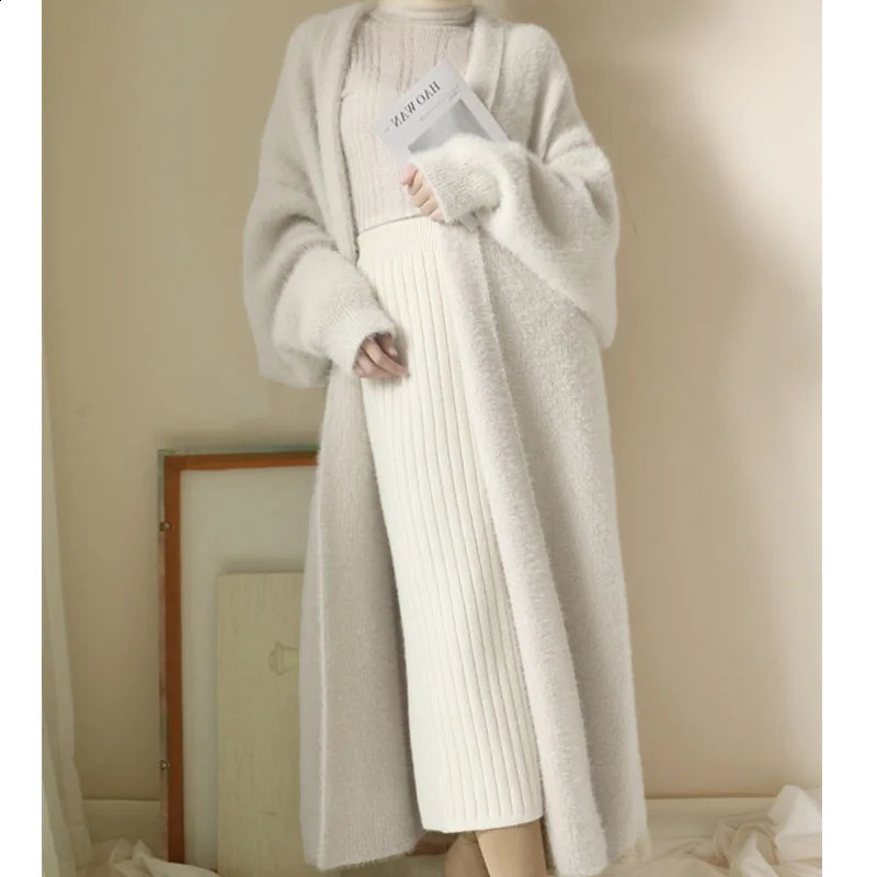 white Long Cardigan for women winter clothes Knitted fluffy long sleeve Cashmere sweater coat clotkorean style warm vintage 250815