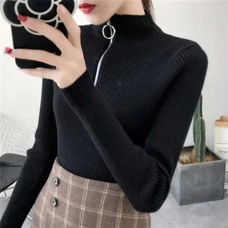Knitted Women Zipper Half High Neck Sweater Pullovers Autumn Winter Basic Women Sweaters Slim Solid Knitwear Pull Femme Tops Z250905