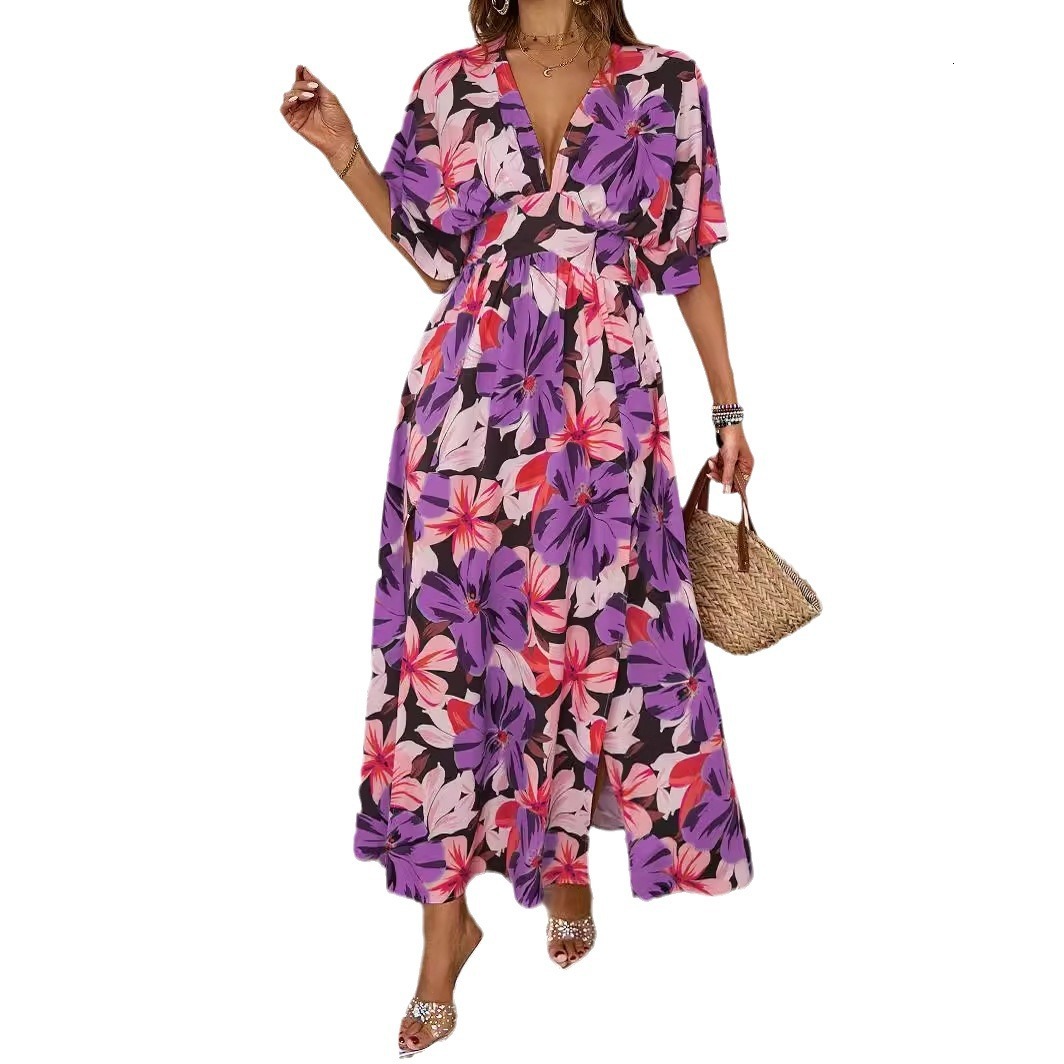Summer New Floral Print Long Dress Elastic Waist VNeck Short Sleeve Dress for Women
