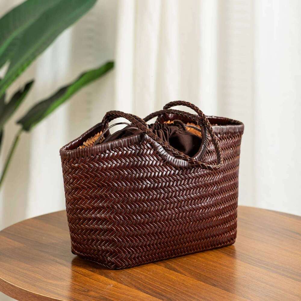 Genuine Leather Handwoven Tote Women's Fashion Shopping Large Capacity Shoulder Bag Design Vegetable Basket