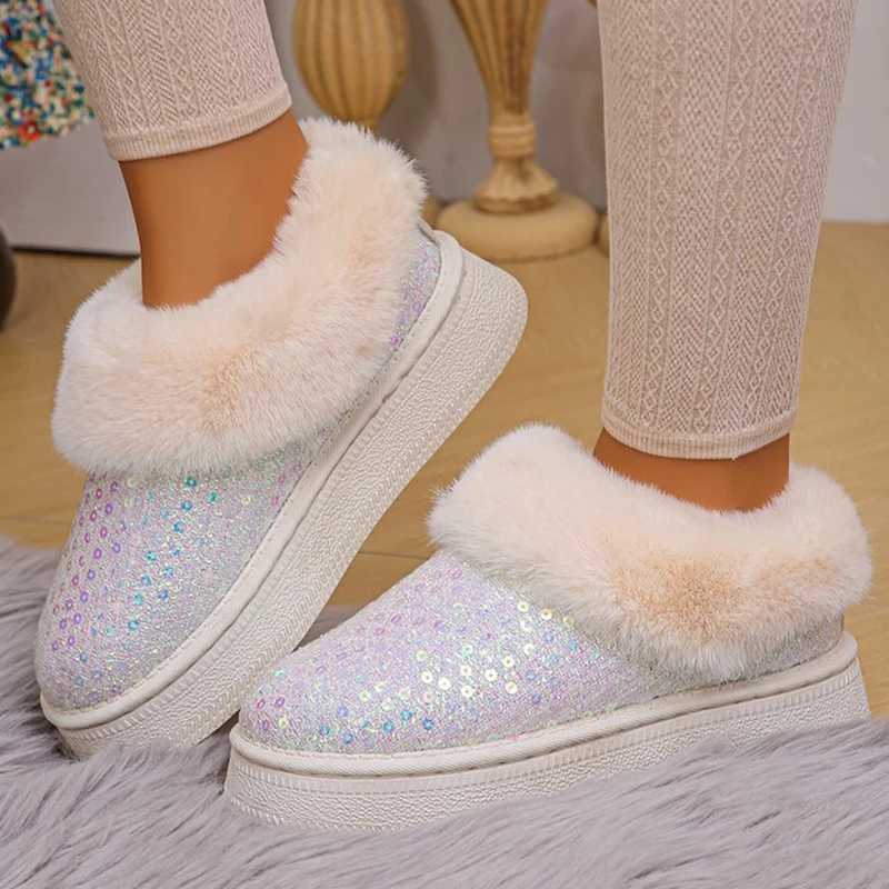 Fashion Bling Sequin Fur Snow Boots Women Comfy Slip On Thicken Plush Warm Winter Boots Woman Non Slip Faux Fur Ankle Booties L250905