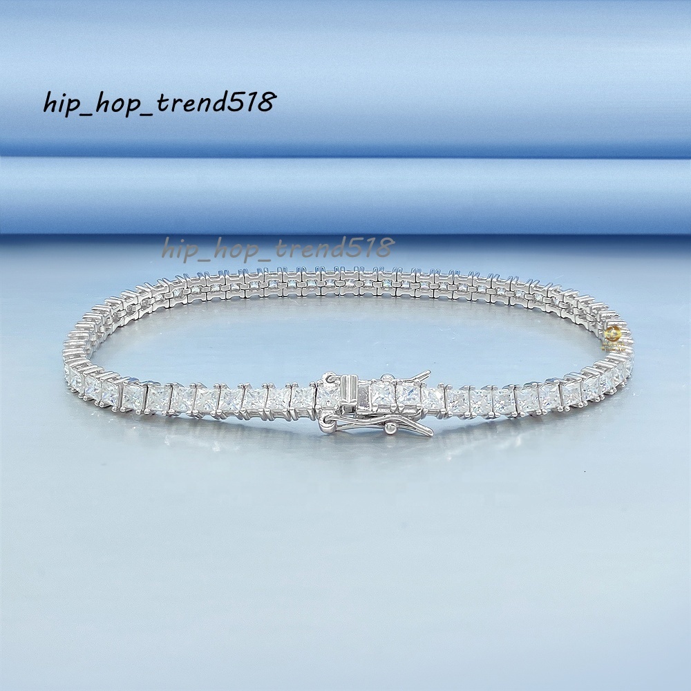 Large Stock Iced Out 25mm3mm Princess Moissanite Diamond 925 Sterling Silver Tennis Bracelet