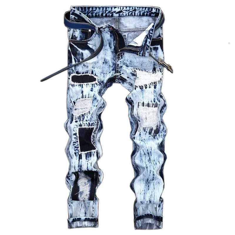 Mens Embroidered Patchwork Ripped Jeans without Belt Slim Fashion High Street Motorcycle Denim Pants Male Designer Clothes W250905