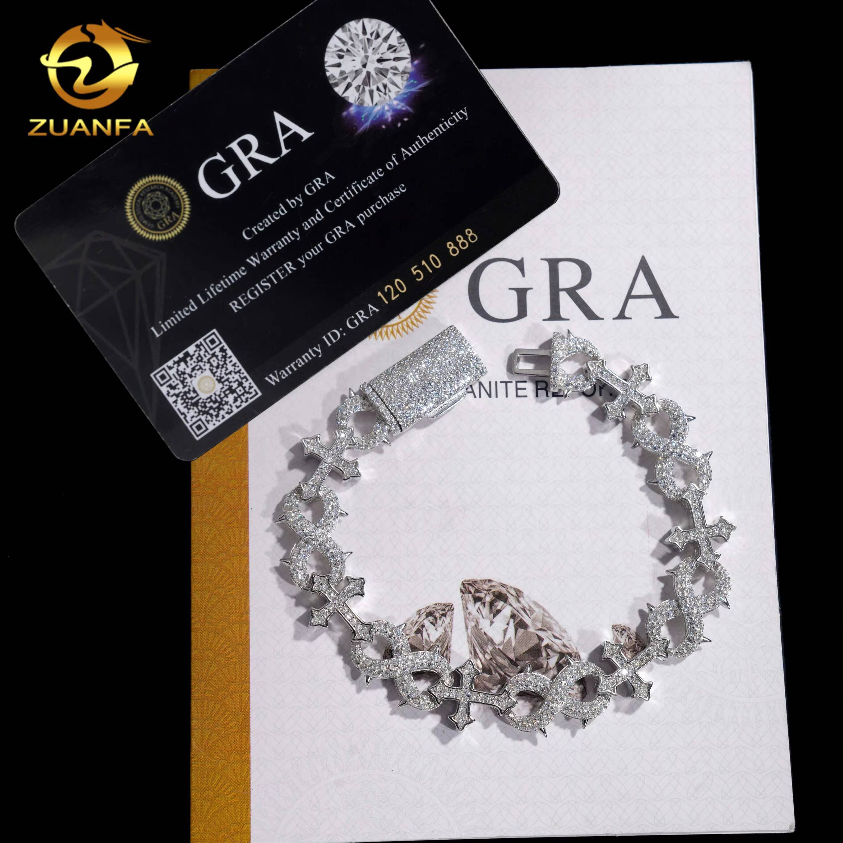 Fashion Men Style Rapper GRA Certificates 925 Silver Iced Out Hip Hop Jewelry VVS1 Moissanite Diamond Cross Cuban Bracelet Men