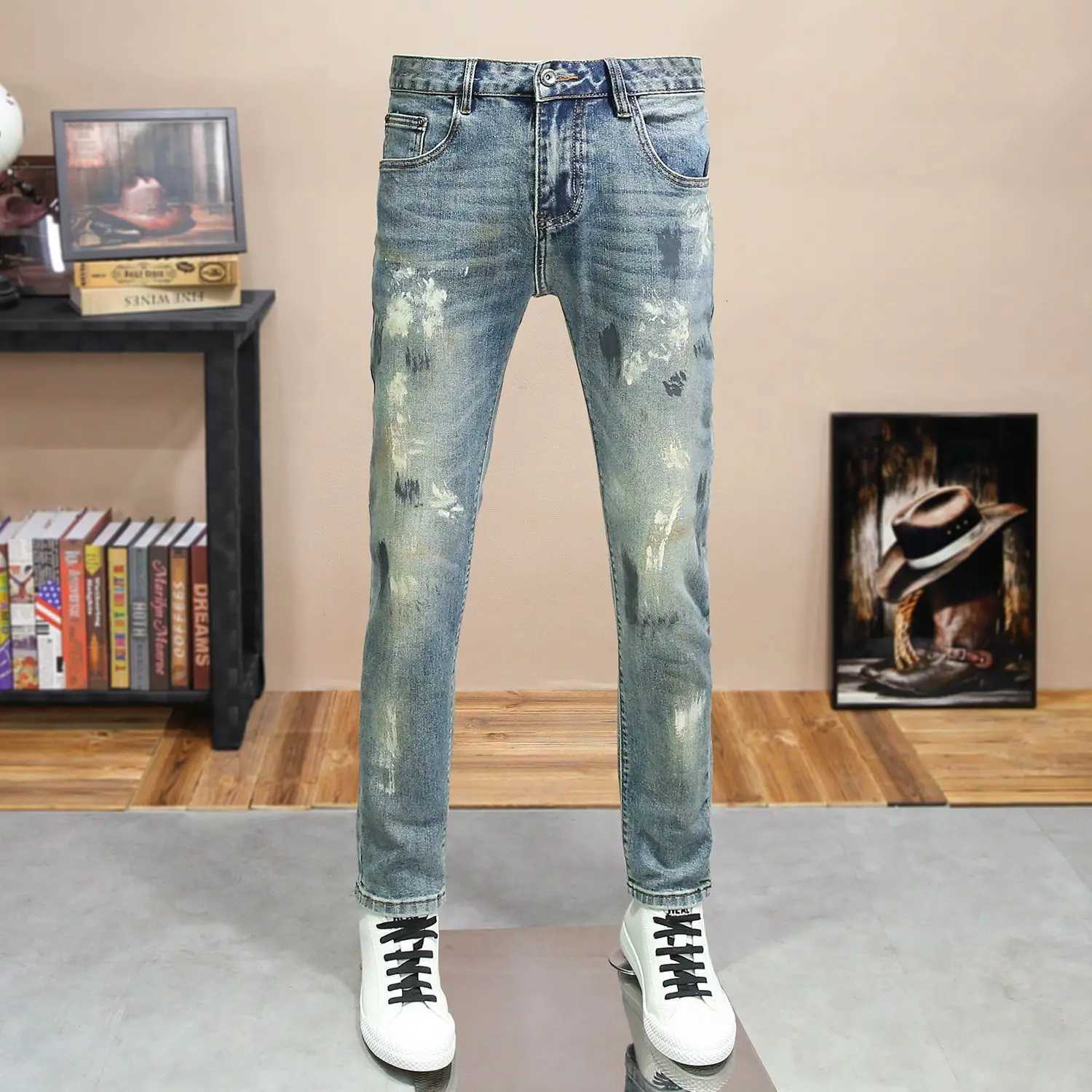 Smallfooted Jeans 2025 New Mens Spring and Summer Trendy Brand Inksplashing Trousers Slim and Thin Handsome Men Clothes Pants W250905