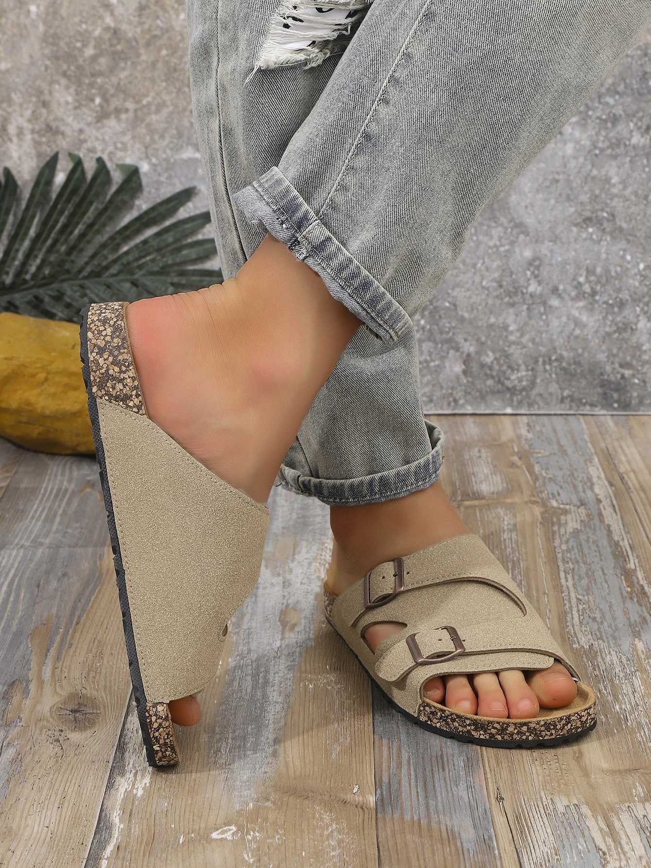 Mens Casual Simple Buckle Adjustable Set with Suede Upper Wood Grain SoftSoled Slippers W250905