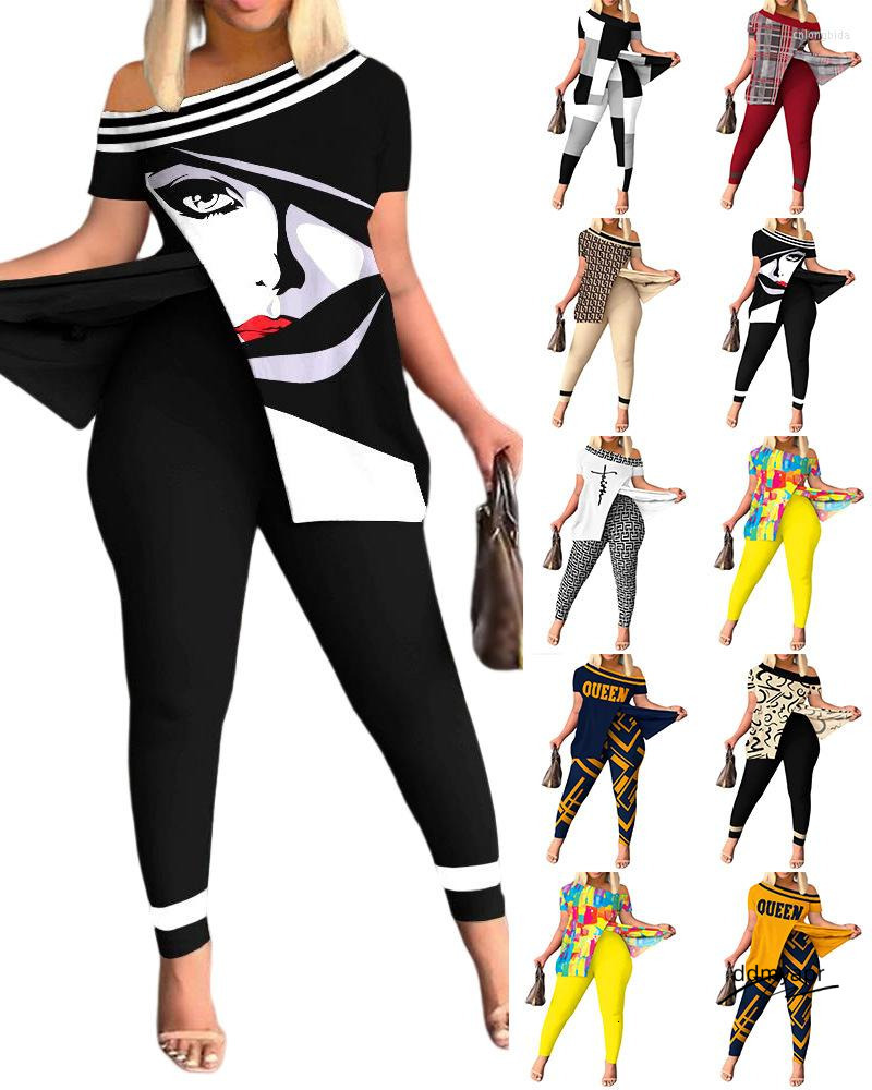 Women's Two Piece Pants Summer Women Geometric Print Split Hem Top & Set 2023 Femme Short Sleeve Casual Suits Lady Ddmydec Outfits Y2k S-3Xl Ddmy