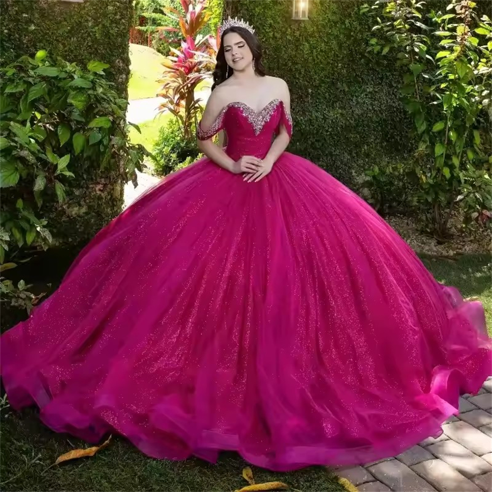 Ball Gown Quinceanera Dresses Glittering Dark Rose Off the Shoulder Lace-up Plus Size Customized Sweet 15 16 Princess Birthday Party Gowns Vestidos De