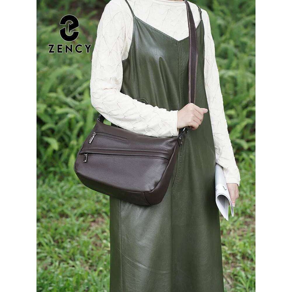 Zency 2025 Women's Khaki Genuine Leather Shoulder Bag Large Capacity CoffeeBlack Bucket Handbag Simple Stylish Messenger Shopper