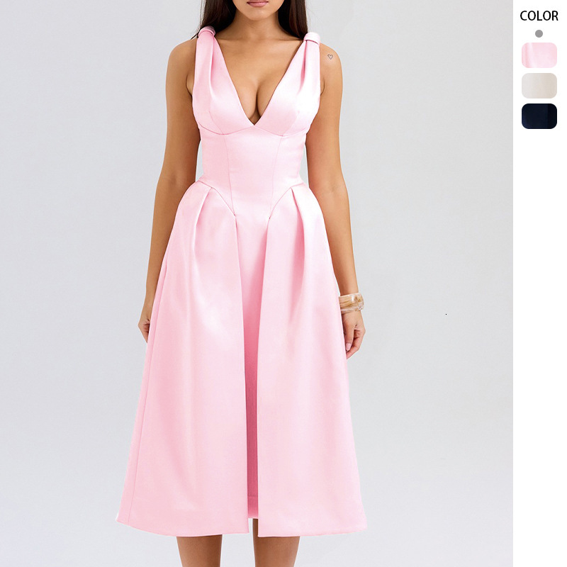 2025 Summer New Slim Fit Strap Long Dress Fashion Solid Color Vneck Elegant Dress