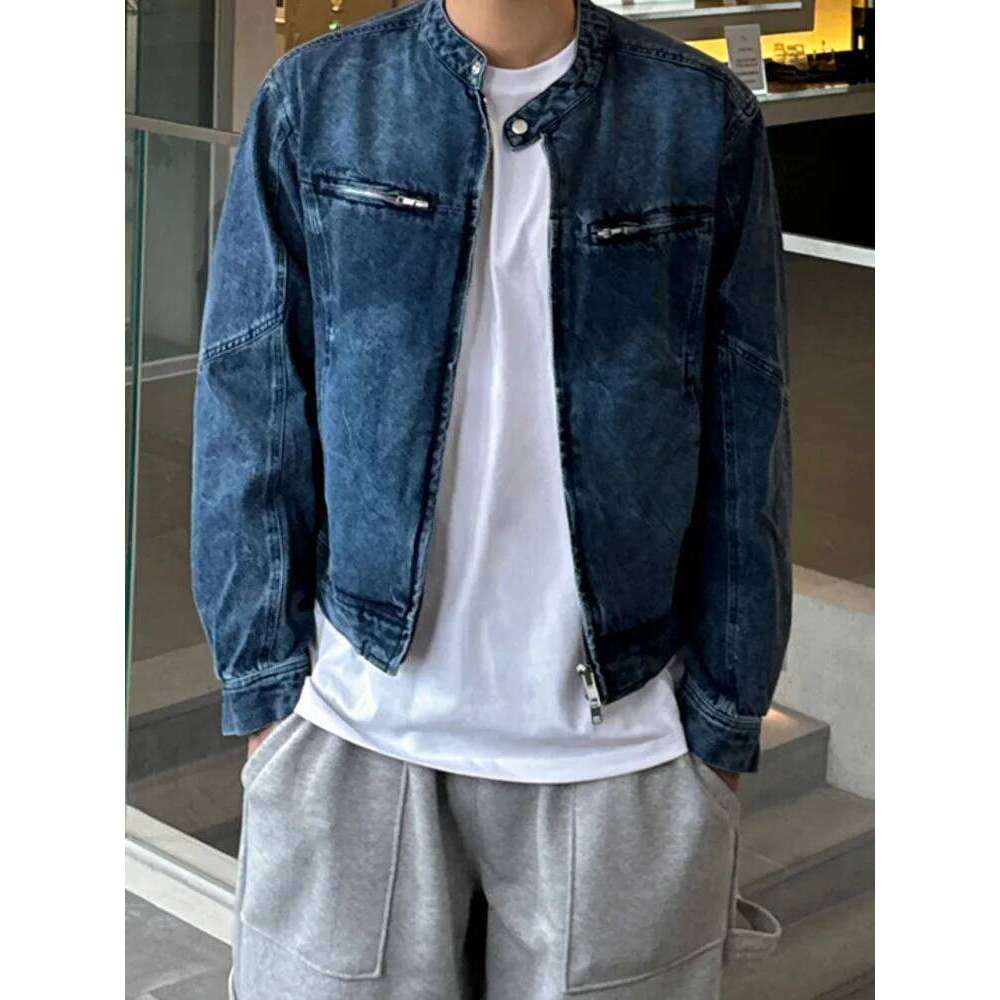 SYUHGFA Korean High Street Men's Denim Jackets Stand Collar Zipper Loose Solid Color Male Short Coats Tide 2024 Autumn