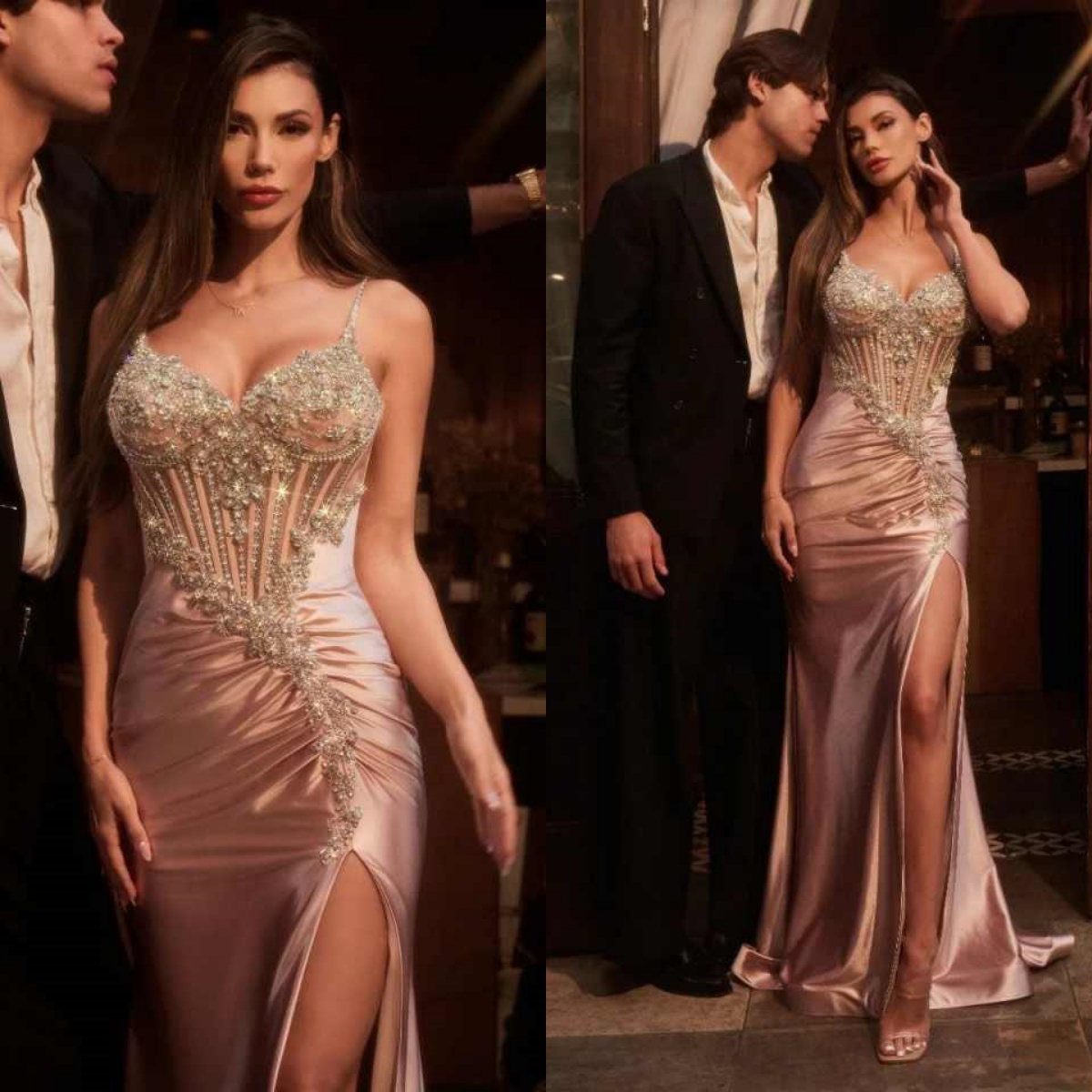 Graceful Evening Dresses Spaghetti Strap Front Slit Mermaid Prom Gowns Crystals Beaded Vestido De Noite Custom Made