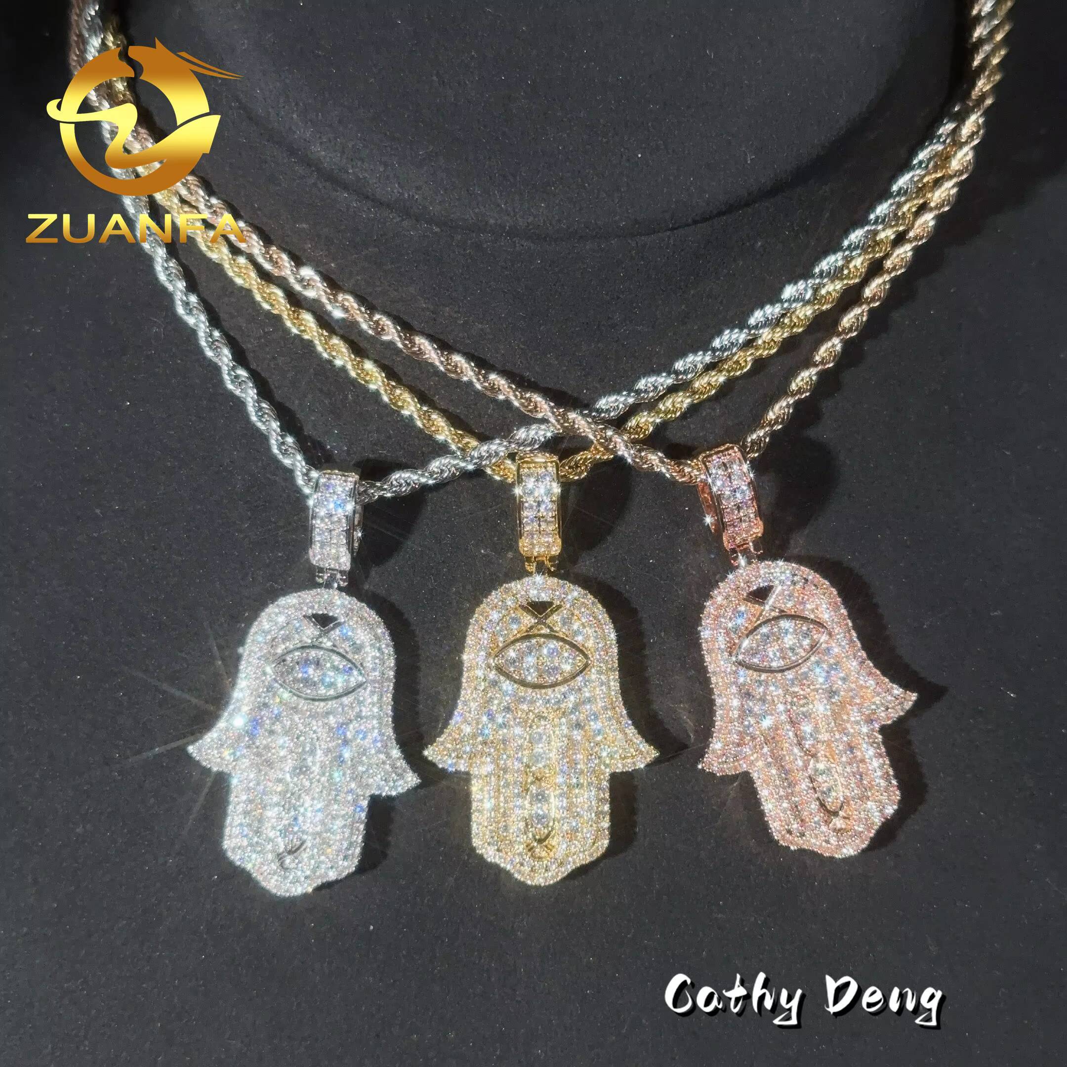 Ready to Ship Moissanite Hip Hop Jewelry Hamsa Iced Out Pendant Sterling Silver 925 Moissanite Pendant With Rope Chain for Men