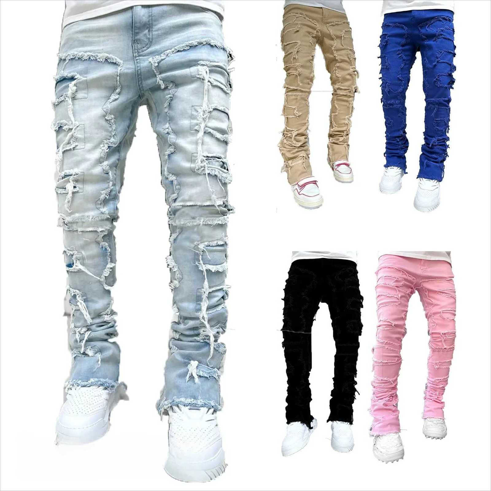 New Mens Fashion Jeans Work Pants European and American Fashion Workwear Elastic Patchwork Denim Layered Flared Pants SXXL W250905