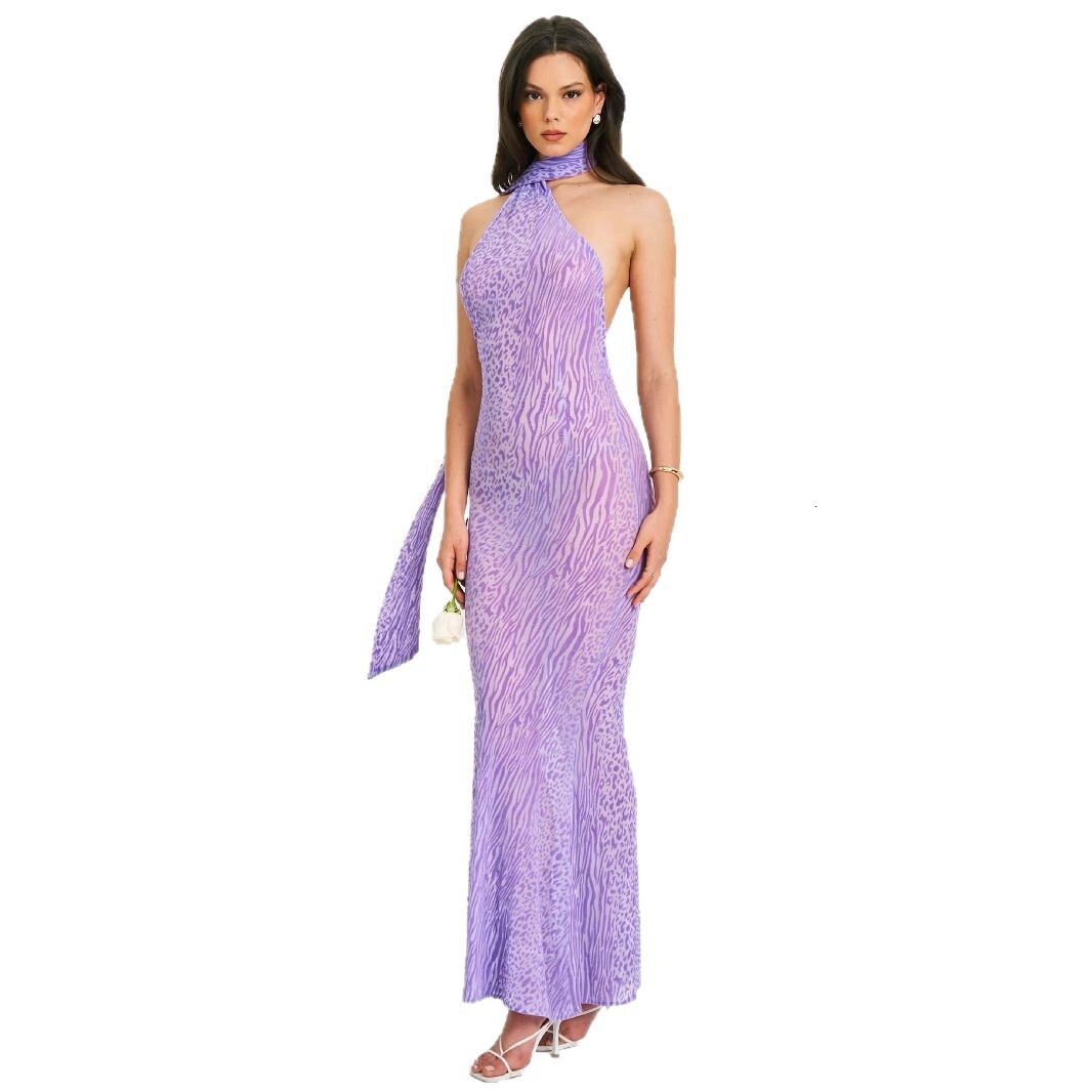 25 Strap Backless Sexy Halter High Waist Sheer Mesh Asymmetrical Shoulder Slim Dress