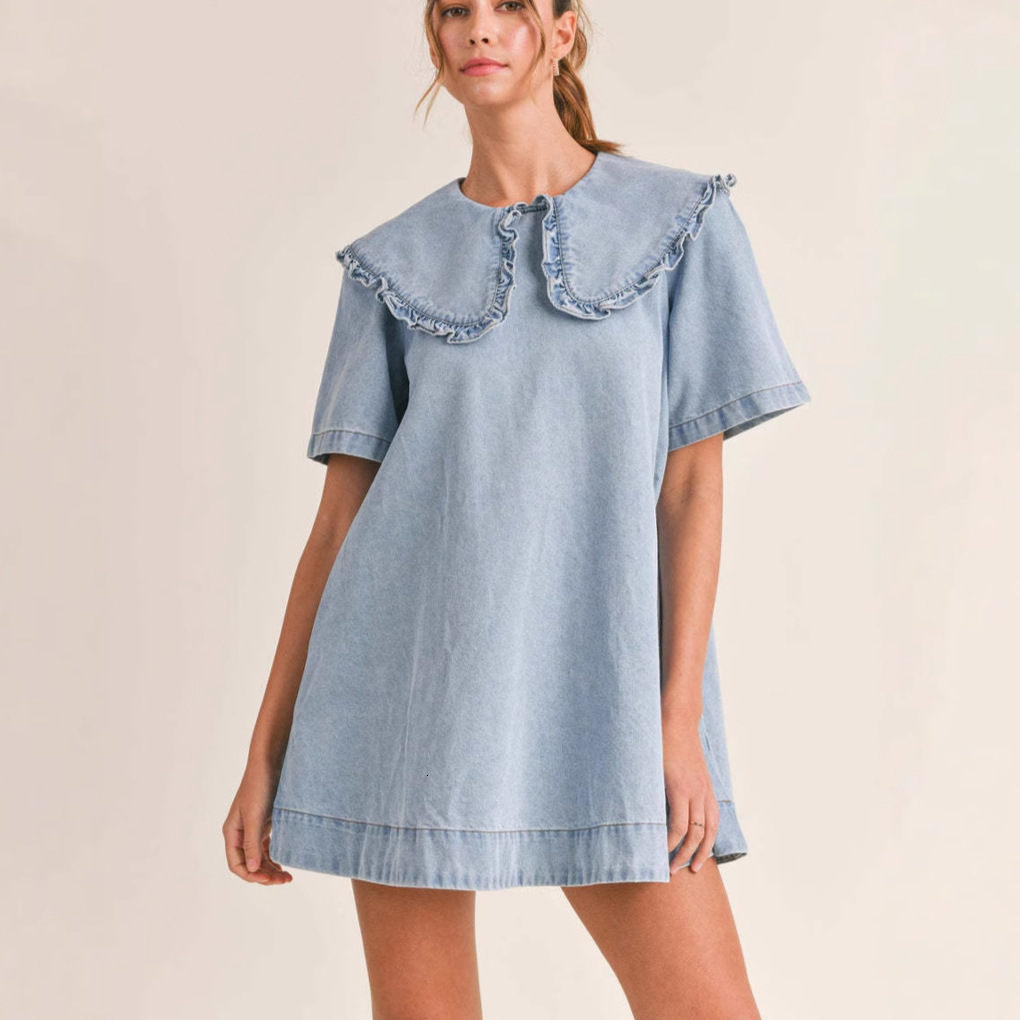 Denim Dress Women 2025 Summer New Turndown Collar Loose Ruffle Dress