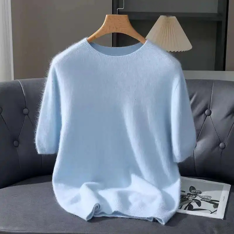 100 Mink Cashmere Knit Sweater Mens TShirt Spring Summer Loose ONeck Solid Color Casual Business Base Pullover Short Sleeve 250905