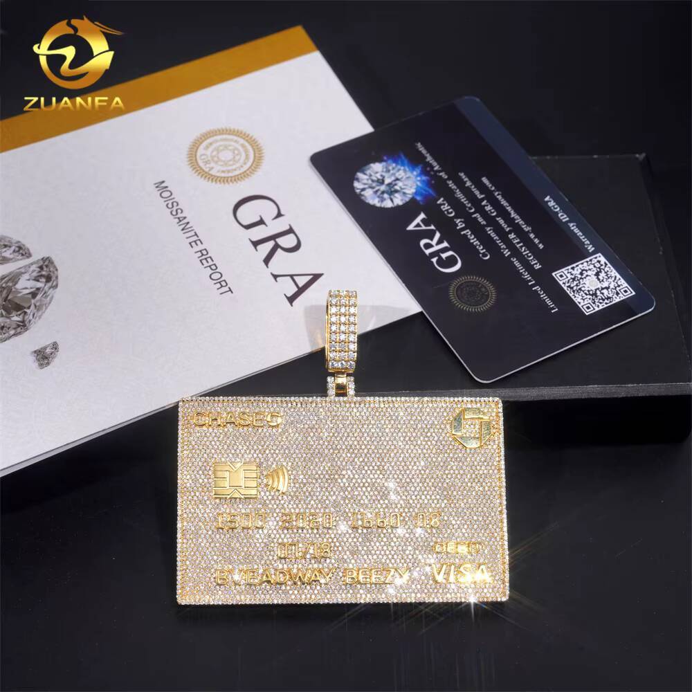 Ready to Ship Hot Sale Credit Card Pendant Sterling Silver Gold Plated GRA Certificate Moissanite Pendant Hip Hop Jewelry