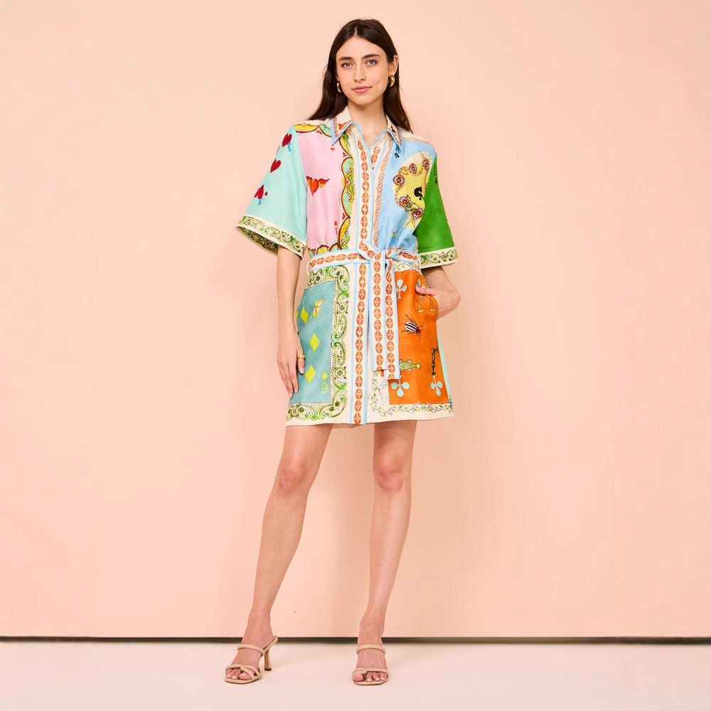 2025 SpringSummer Womens HighEnd Printed Vacation Lapel WaistCinching ShortSleeve Dress