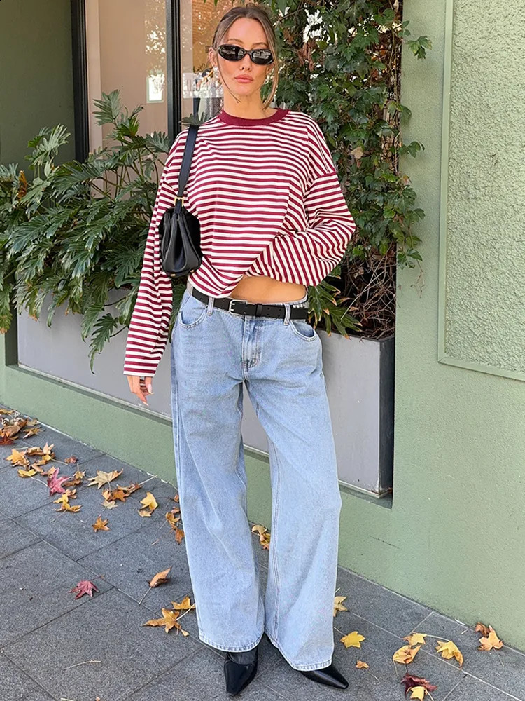 Absobe Womens Fashion Stripe Loose Tshirt ONeck Long Sleeve Color Contrasted Patchwork Straight Fit Top Casual Streetwear 250905