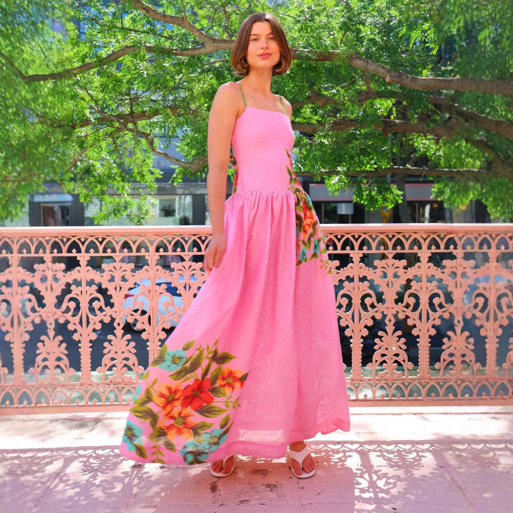 2025 Summer New Fashionable Elegant Thin Strap Printed Backless Dress for Women