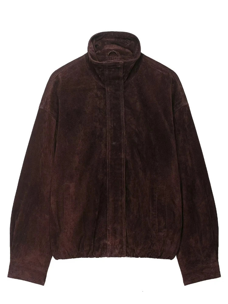 Vintage Solid Laple Loose Jackets Women Fashion Full Sleeve Ruff Zipper Pockets Oversize Coat Female Autumn Chic Casual Coats 250905