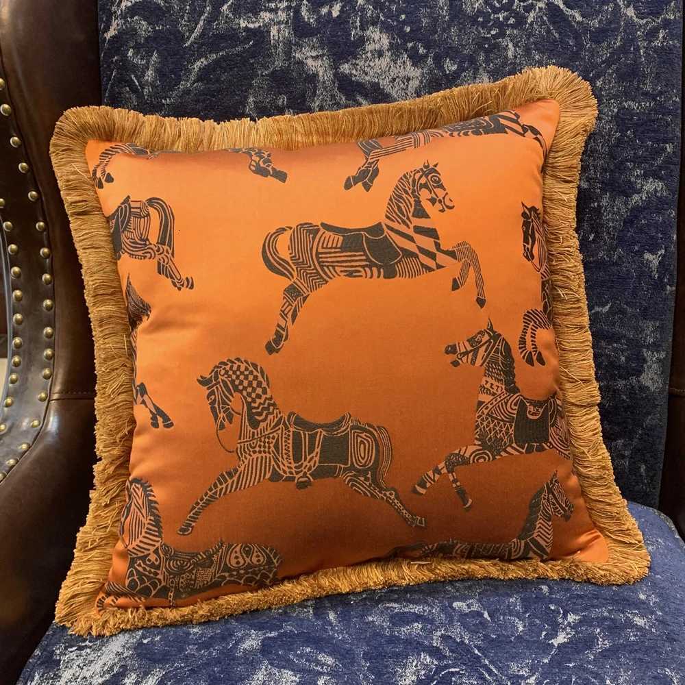 Luxury Fashion Soft Case Orange Horses Woven Interior Designer Quty Fringe Cushion Cover Sofa Window Furnishings 45x45cm Y250905