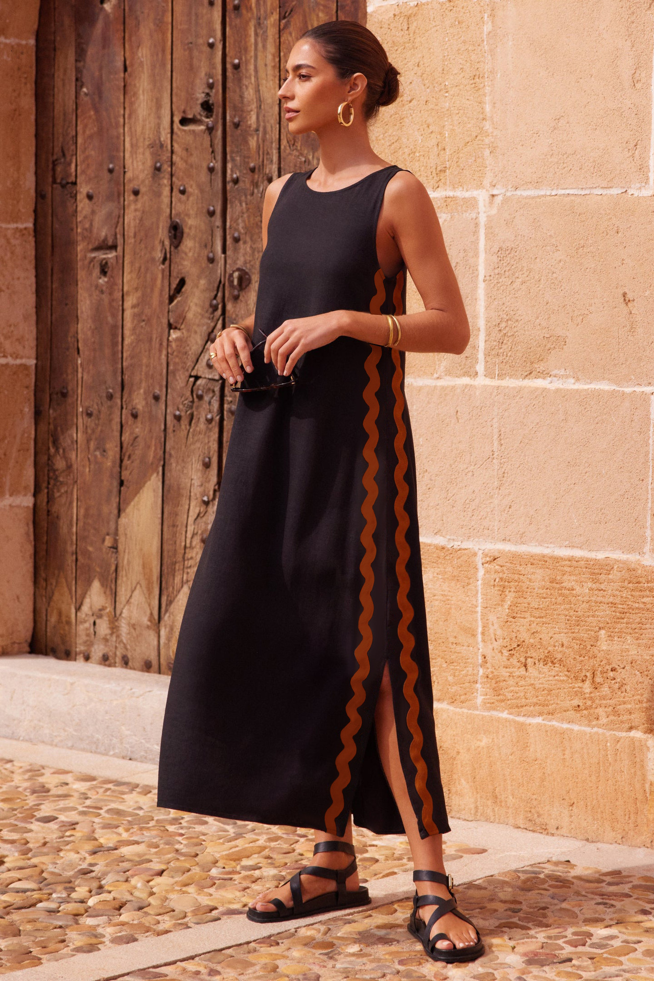 2025 SpringSummer New Casual Fashion Sleeveless Round Neck Solid Color Patchwork Lace Split MidLength Dress for Women