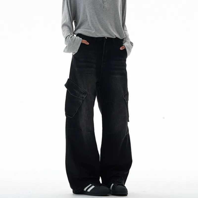 IEFB American Style Mens Jeans Washed Lager Double Pocket Contrast Color Streetwear Loose Wide Leg Male Cargo Denim Pants 9X427 W250905